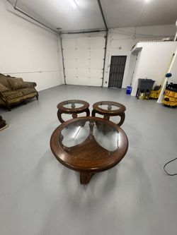 Wood and Glass Table and Coffee End Tables