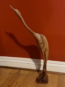 Mid-Century Hand Carved Wood Crane Sculpture - 21"