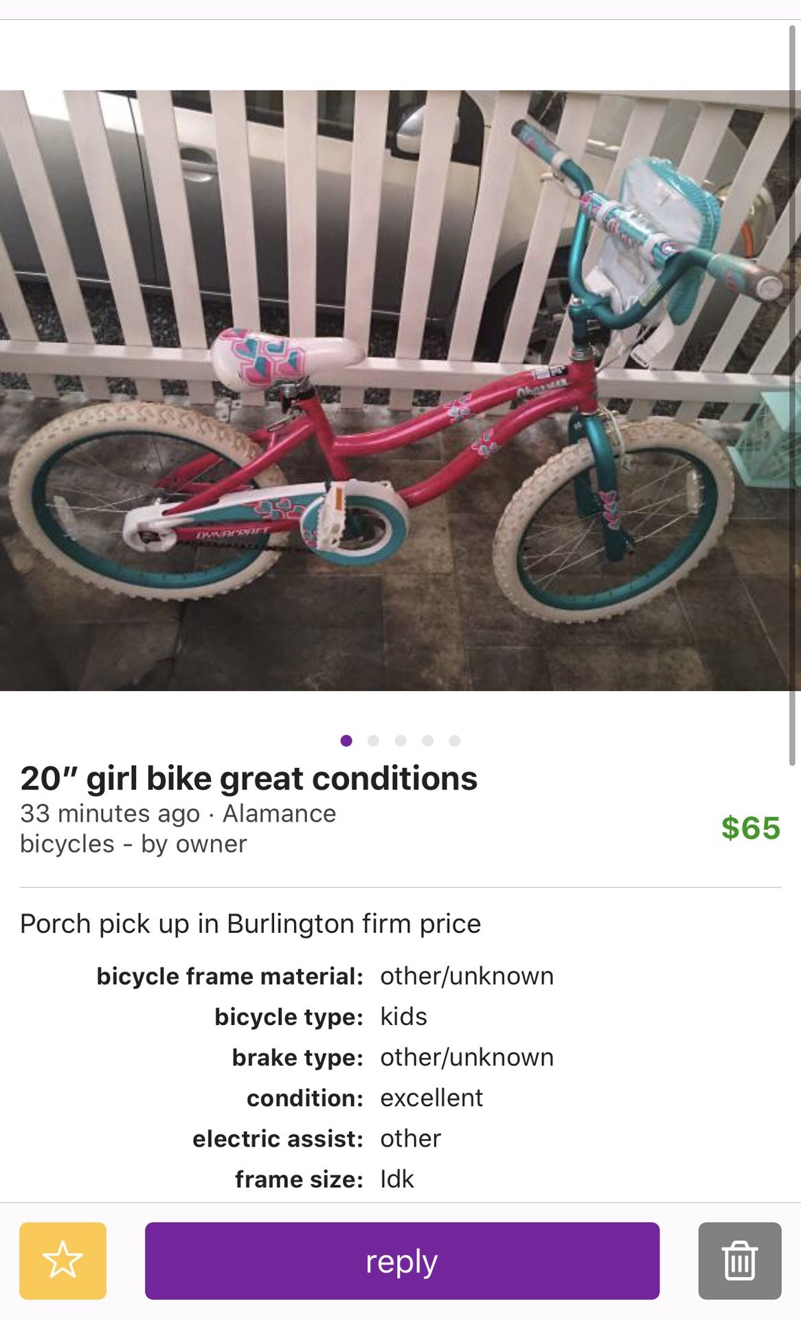 20” girl bike great conditions firm price