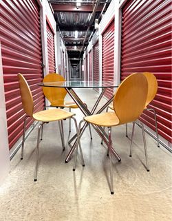 Modern Glass Dining Table Set w/ 4 Bentwood Chairs | MCM Scandinavian Style