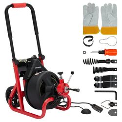 75Ft x 1/2 Inch Drain Cleaner Machine, Auto-feed Electric Drain Auger Professional for 2 to 4 Inch Pipes, with 6 Cutters, Glove, Drain Auger Cleaner S