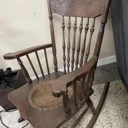 Antique Oak Pressed Rocking Chair with tooled leather seat 