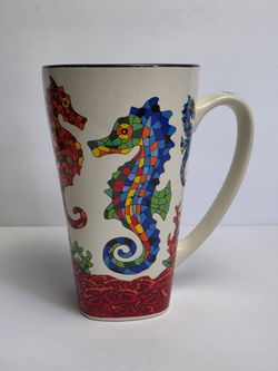 Mosaic Seahorse Large 14 oz. Latte Coffee Mug Colorful Earthenware by Ole'