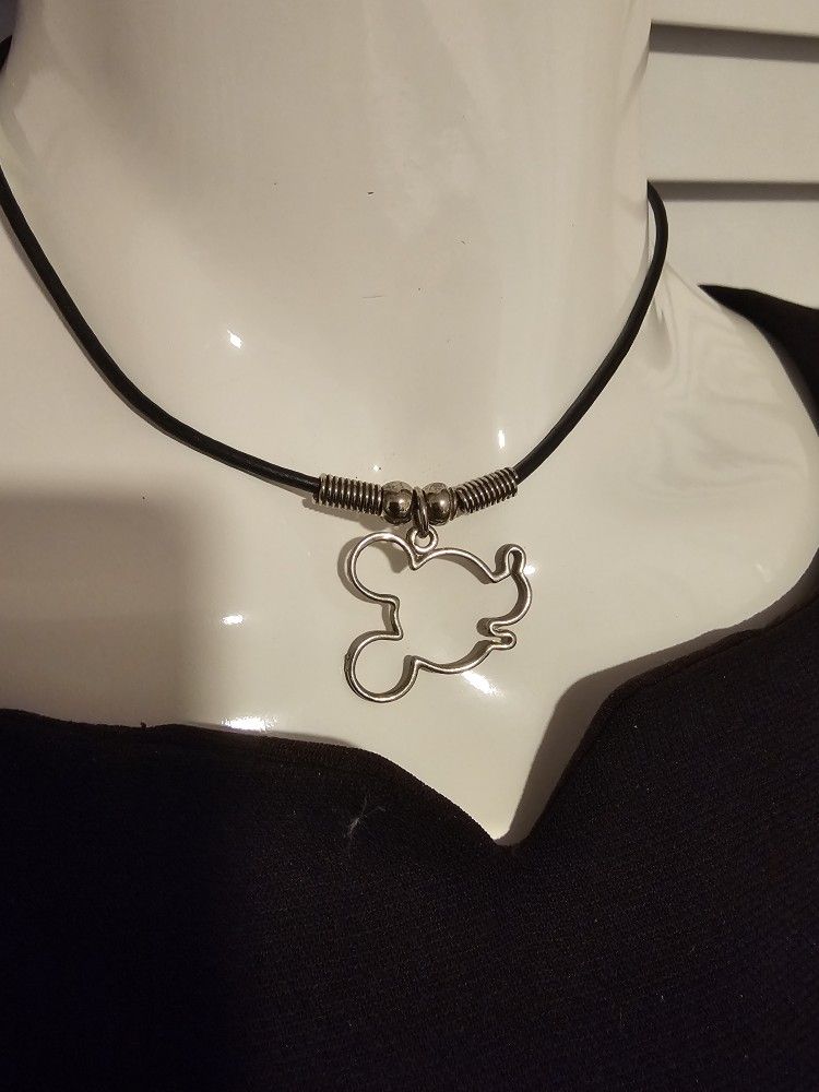 $15.00 - 1970's-80's Disney Mickey Mouse Charm + Black Leather Necklace, Choker Style! Like New Condition!!