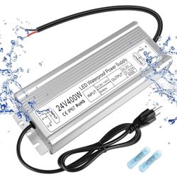 LED Driver 400W 24V Power Supply, IP67 Waterproof Low Voltage Transformer, AC 90-140V to DC 24V 16.6A Converter with 3-Prong Plug 3.3 Feet Cable for O