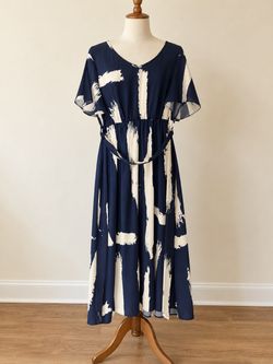 Navy Blue Abstract Print Midi Dress