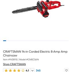 Craftsman 14 Inch Corded Chainsaw  Electric 8 Amp Motor Auto Oiling,