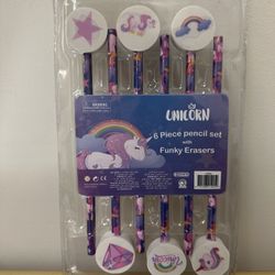 Unicorn 6pcs pencils & erasers set, new: