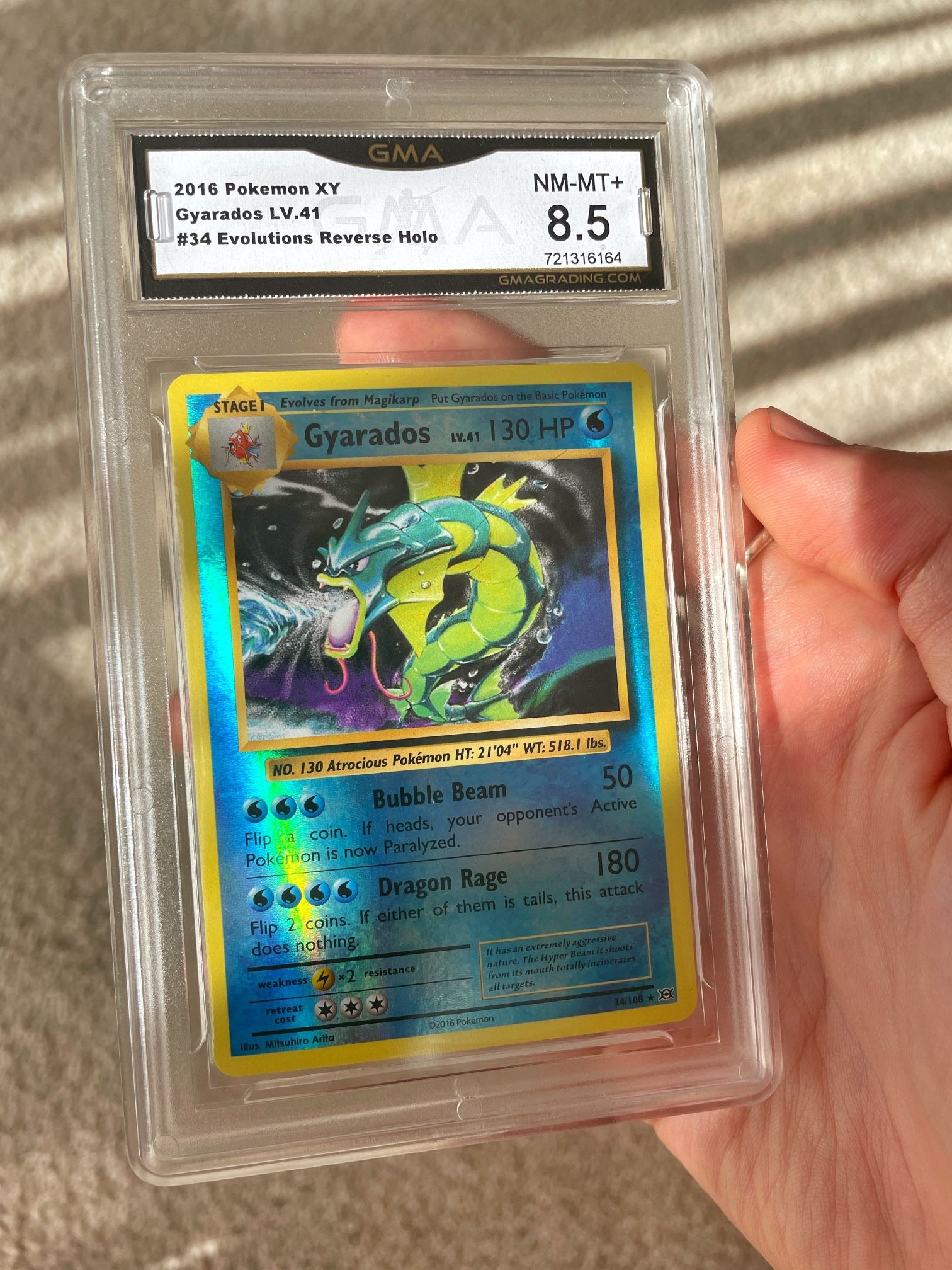 Gyarados 034/108 Reverse Holo. XY Evolitions. 2016, First Generation. Graded NM-MT+ Pokémon Card. Very Rare.