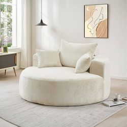 Large Round Indoor Chair, Modern 55-Inch Chenille Upholstered Deep Single Cloud Seat Sofa for Living Room, Dormitory Apartment, Beige 