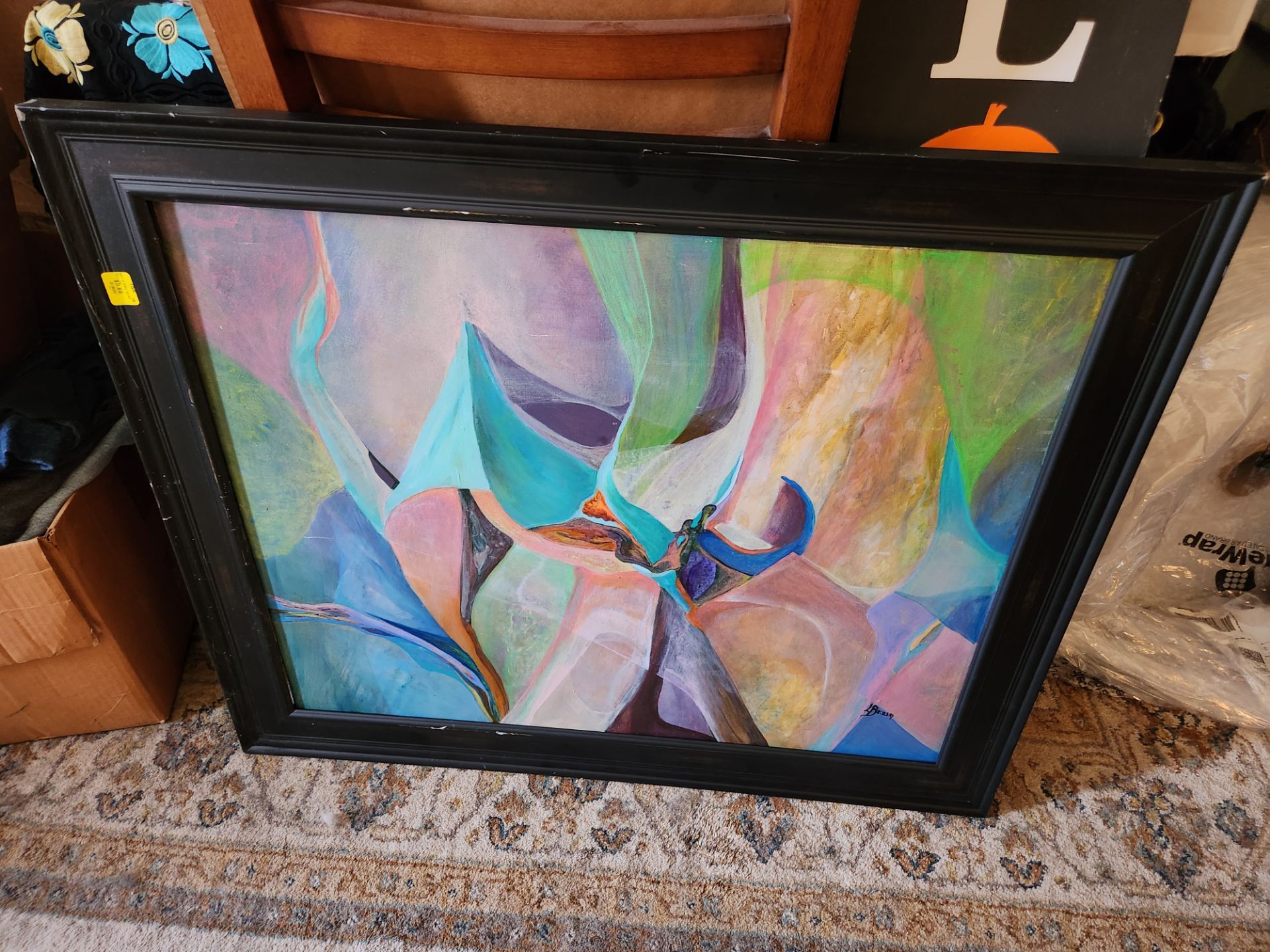 Abstract colorful floral flower framed canvis art oil acrylic painting by L Brown 29 x35 " beautiful
