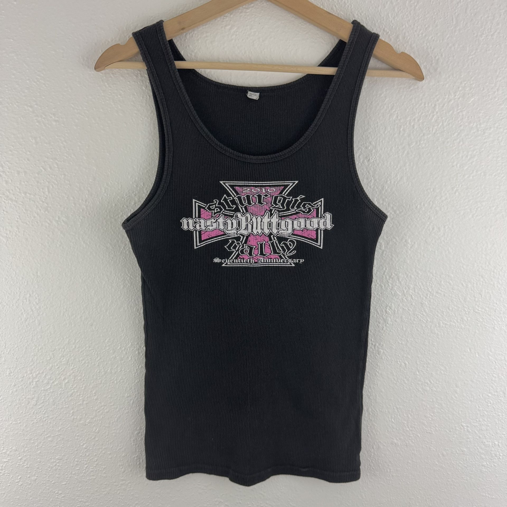Sturgis Y2K 2010 Black Pink Cross Nasty Butt Good Ribbed Edgy Biker Tank Top
