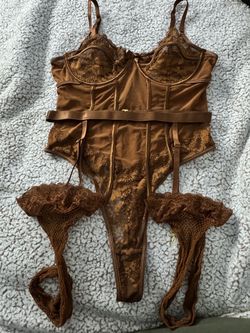 Brown Satin Lace Lingerie Set with Stockings
