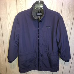 Men’s Land’s End navy blue coat that’s lined with grey fleece and has an adjustable cord inside near the waist