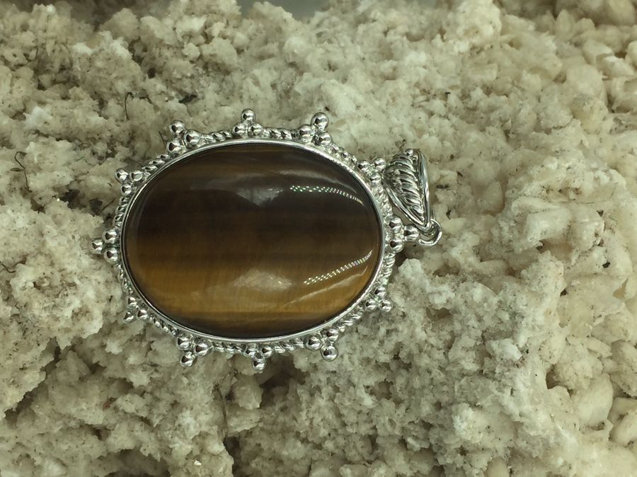 925 STER Silver L Tiger’s Eye Cabochon Pendant 2.68”