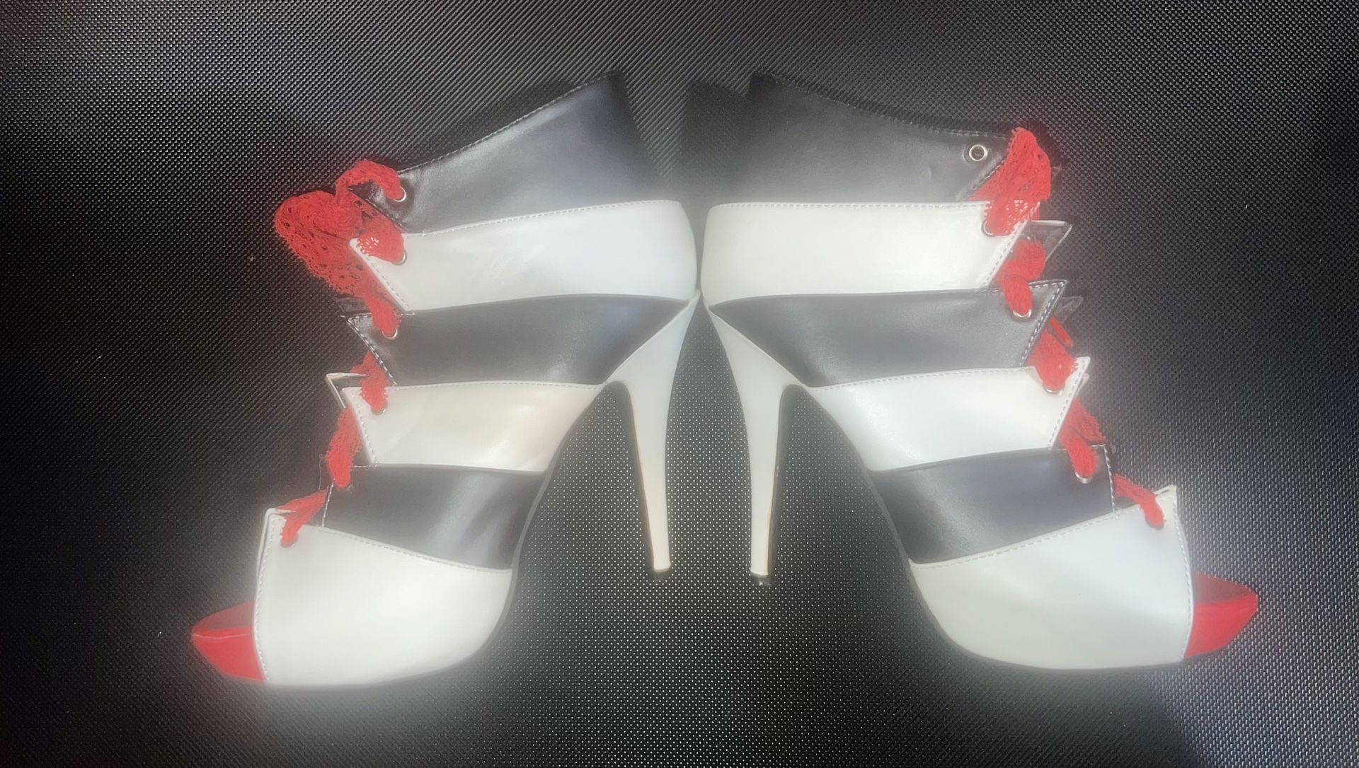 Black & White Bootie Heels W/Red Laces