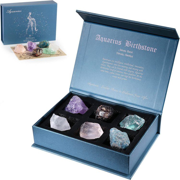 Faivykyd Aquarius Crystals Birthday Gift Ideas, Zodiac Sign Stones to Complement The Birthstone, Natural Healing Crystals with Horoscope Box Set, Astr