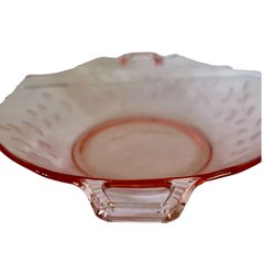 Vintage Pink Depression Glass Octagon Etched floral Serving Bowl with handles