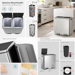 Trash Can, 2 x 8 Gallon (2 x 30 L) Garbage Can for Kitchen, with 15 Trash Bags, 2 Compartments, Plastic Inner Buckets and Hinged Lids, Airtight, Silve