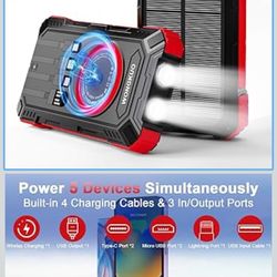 Solar Charger Power Bank - 49800mAh Solar Phone Charger with USB-C in/Output, QC 3.0 Fast Charging with LED Flashlight, Built-in 4 Cables, IP65 Waterp