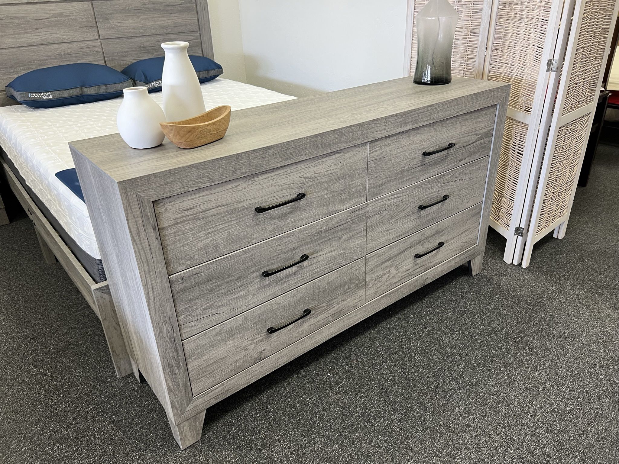 Grey Dresser With 6 Drawers And Black Metal Handles 