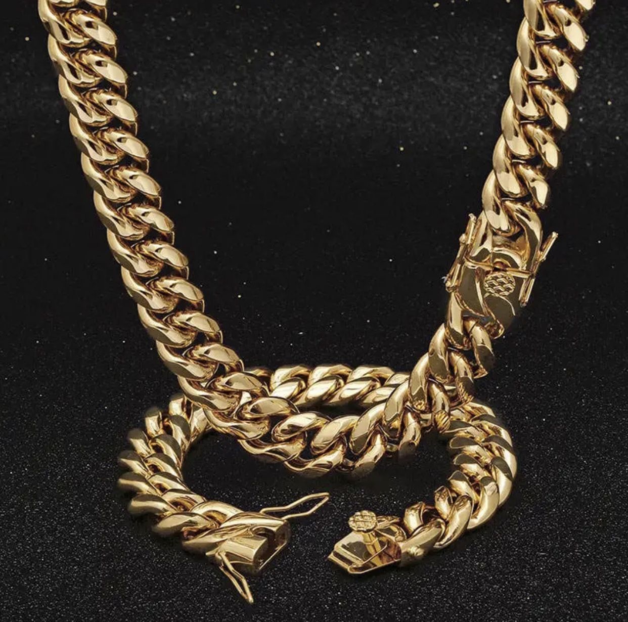 New 18k Yellow Gold Cuban Link Chain And Bracelet