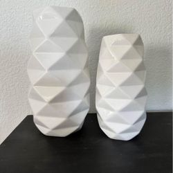 2 White Glass Geometric Vases