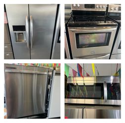 Kitchen combo package Frigidaire stainless steel refrigerator stove dishwasher and microwave everything working fine and tasted delivery and installat