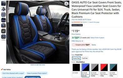 *NEW* OASIS AUTO Car Seat Covers Premium Waterproof Faux Leather Cushion 2 Front Seats Black and Blue