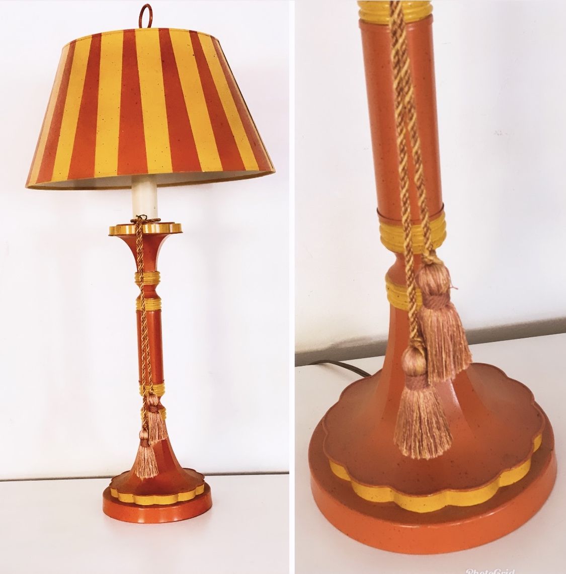 Authentic Mid century modern tall brass orange & yellow groovy lamp with lamp shade Art Deco 1960s