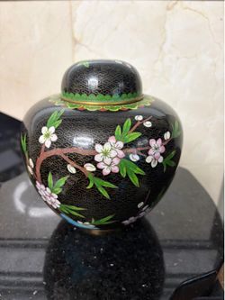 Vintage Chinese Black Enamel Floral Cloisonné Ginger Jar Vase