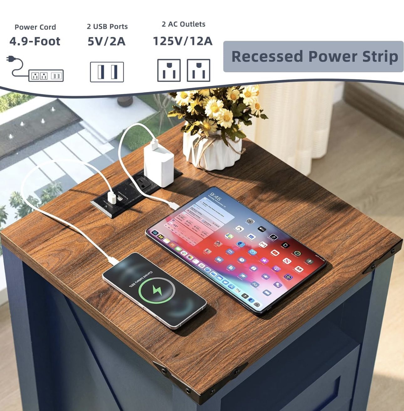 Brand New Blue Nightstand w/ Charging Station – Modern 2-Drawer Storage Table