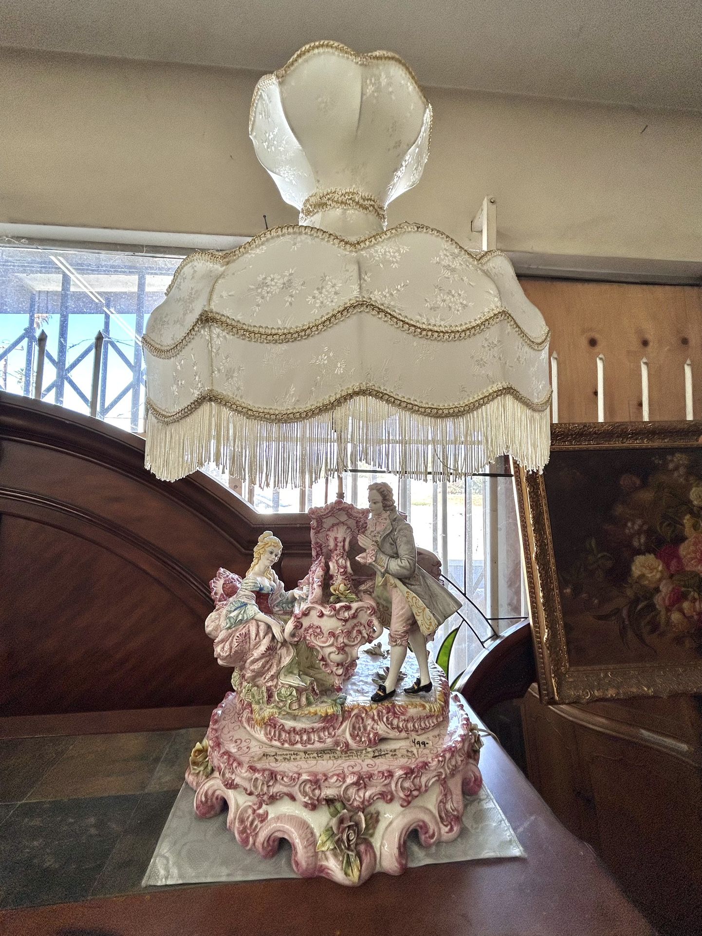 Vintage Capodimonte Style Figural Lamp | Porcelain Couple & Piano | Large Victorian / Rococo Shade