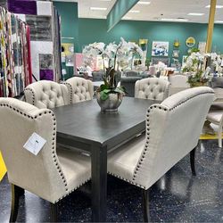 NEW💸$10 Down Payment Finance 💸Sania Atique Black/Beige  6 Piece Dining Set💸4 Chair + Bench+ Table 