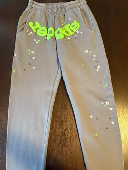 Sp5der Gray Sweatpants with Neon Green Logo