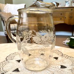 Pretty Vintage Glass Water Pitcher With Beautiful Etching And Gold Accent