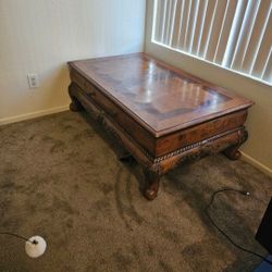 Solid Wood Coffee Table – Carved Details + Storage