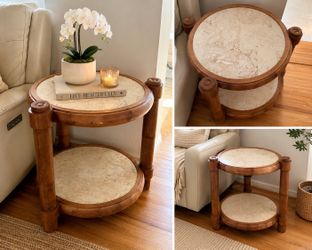 🌿 Solid Wood & Stone Round End Table – Heavy, High-End Look 🌿