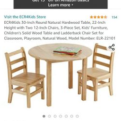 ECR4Kids 30-Inch Round Natural Hardwood Table, 22-Inch Height with Two 12-Inch Chairs, 3-Piece Set, Kids’ Furniture, Children’s Solid Wood Table and L