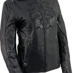 Milwaukee Leather ML2066 Women's 3/4 Black Leather Hoodie Jacket with Reflective Tribal Design