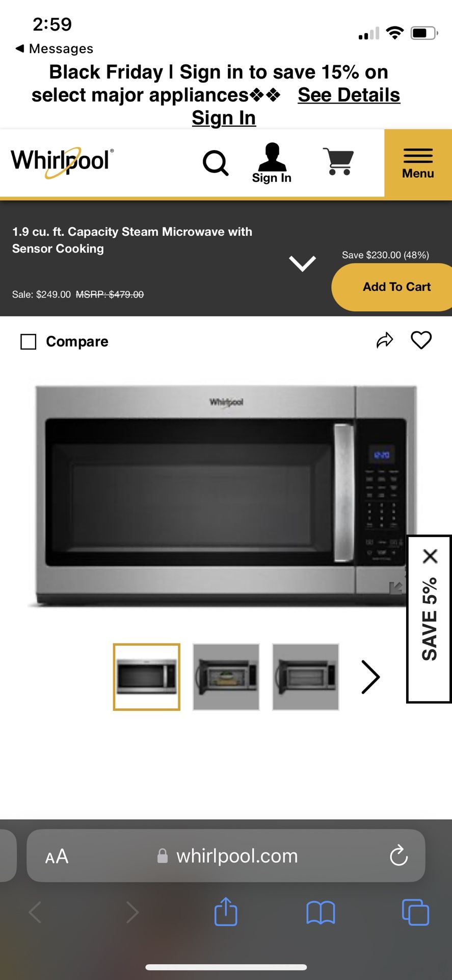 Whirlpool 1.9 Cu Ft Microwave Hood