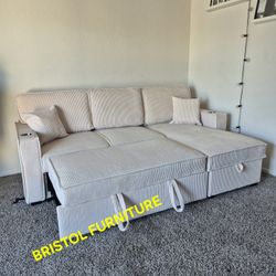 🔔 Sectional w/ Pull-Out Bed, Reversible Storage, Beige Corduroy Fabric, New in the Box.