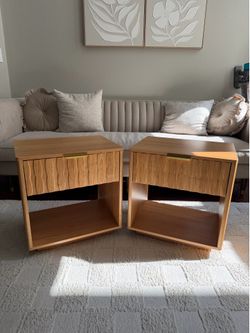 Fluted Nightstand Storage Cabinet, Brown Wooden With Drawer And Open, Mid Century Side Table Contemporary Bedside Stand With Wood Veneer For Bedroom, 