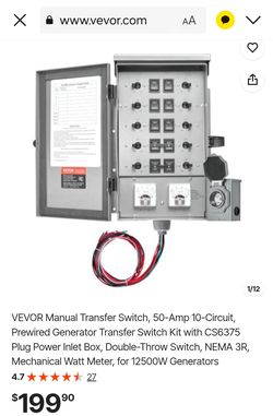VEVOR Manual Transfer Switch, 50-Amp 10-Circuit, Prewired Generator Transfer Switch Kit with CS6375 Plug Power Inlet Box, Double-Throw Switch, NEMA 3R