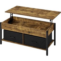  Lift Top Coffee Table with Hidden Compartment, Separated Open Shelves and 2 Fabric Storage Baskets, Modern Central Table for Living Room, Rustic Brow