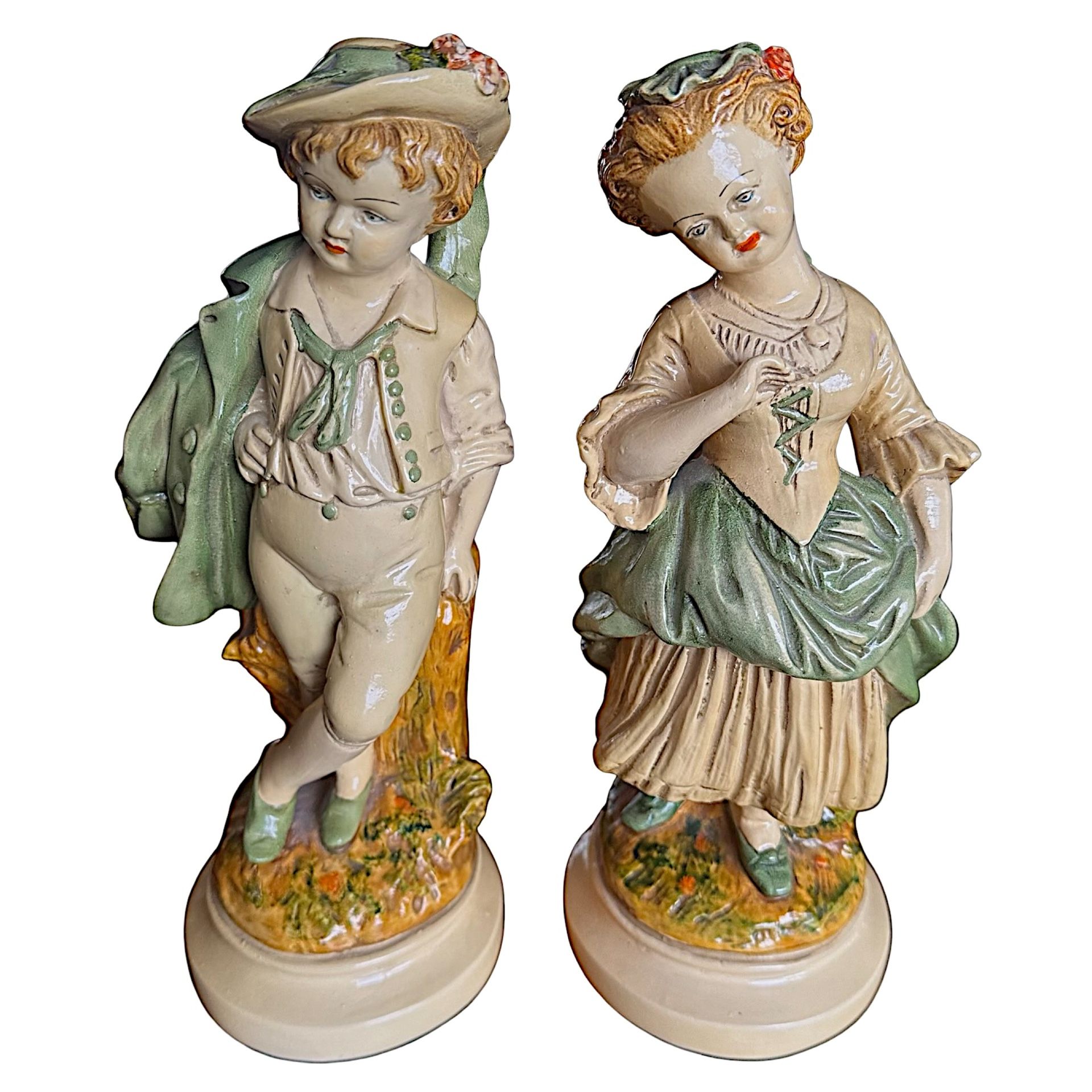 NIEPOLD BORGHESE Vntg Chalkware Peasant Girl & Boy Sculpture 10.75” (pair of 2)