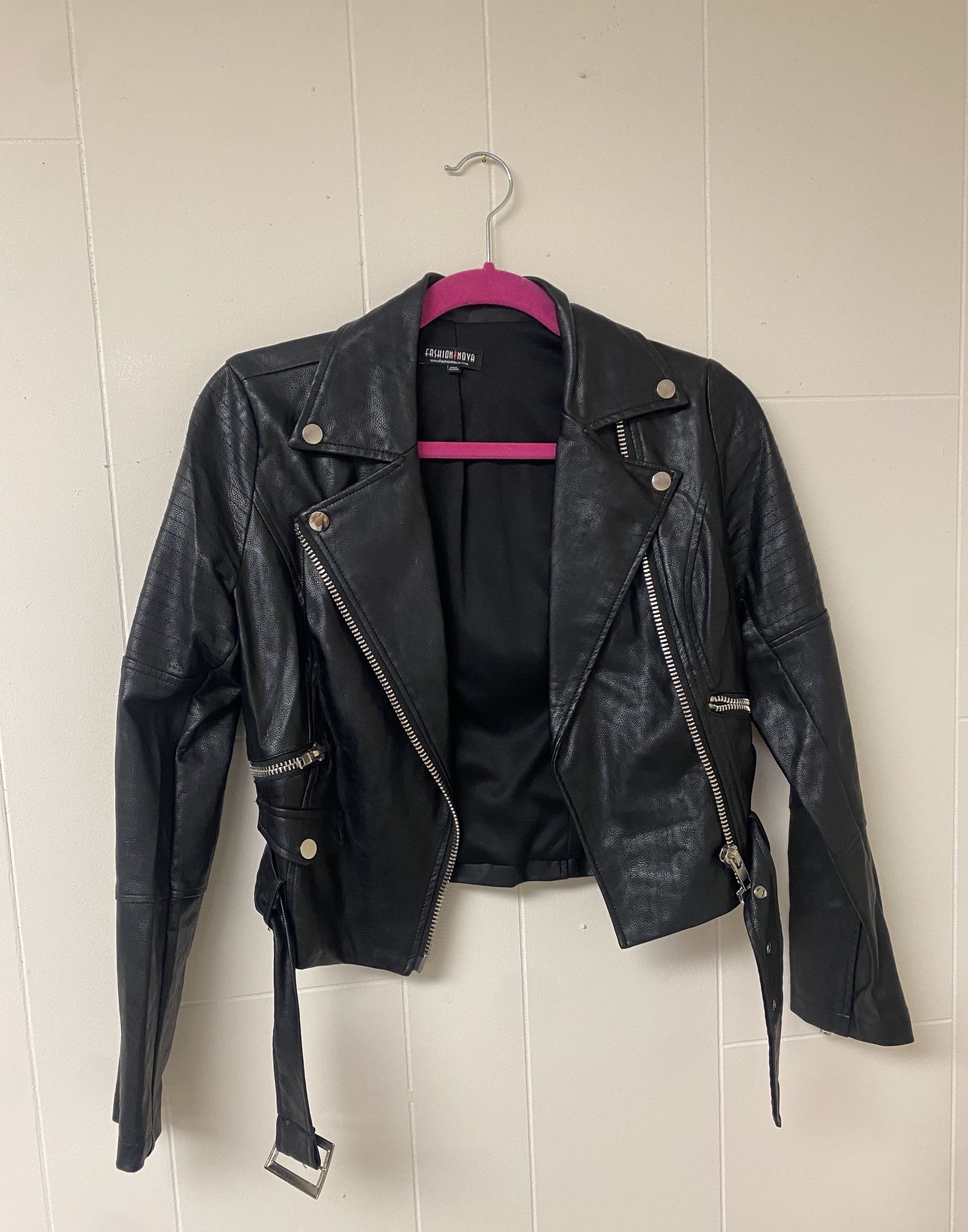 Fashion Nova Black Faux Leather Biker Jacket size S