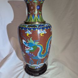 Vintage Double Dragon CHINESE Asian CLOISONNE Large VASE 13" Brown, Blue w/Stand