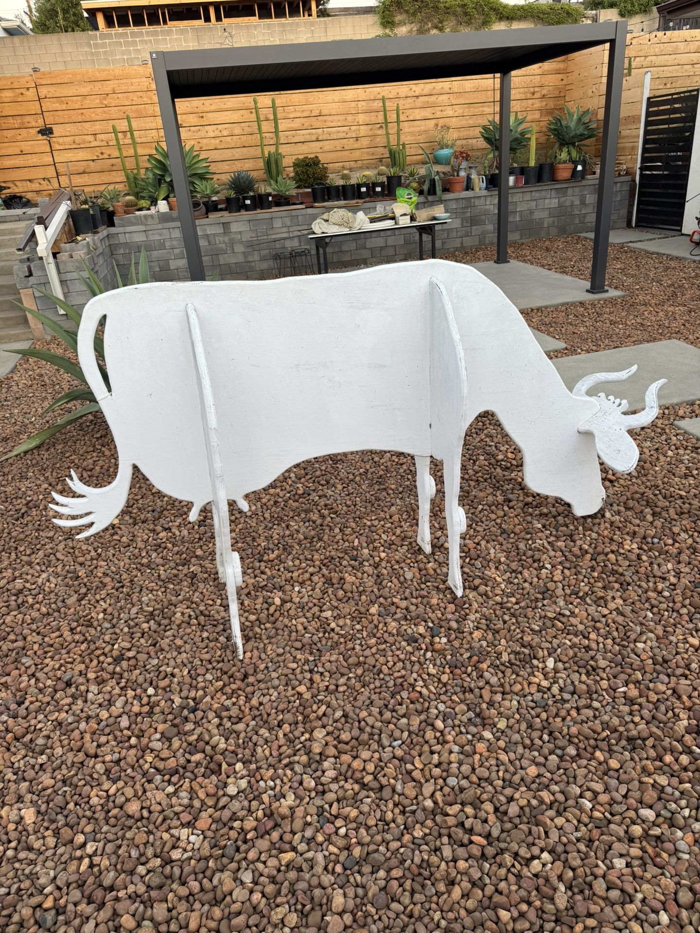 Rustic Hand-Crafted Wooden Cow Yard Sculpture β White Outdoor Garden Art