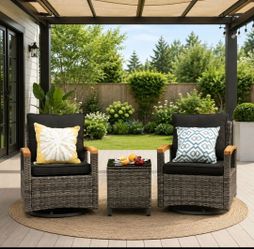 3 Piece Outdoor Swivel Rocking Chairs, Patio Furniture Bistro Set with 360° Wood Armrests Swivel Glide Chairs and Side Table for Deck Yard and Poolsid
